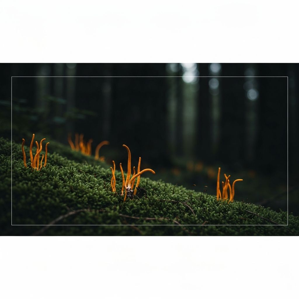 Weitläufige natürliche Berglandschaft mit Cordyceps-Pilzen im Vordergrund, symbolisiert Reinheit und Natürlichkeit der Inhaltsstoffe