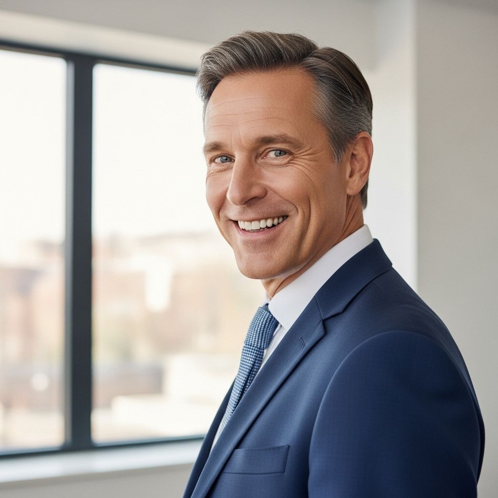 Portrait einer blonden Frau Anfang 50 lächelnd, nach Gewichtsabnahme