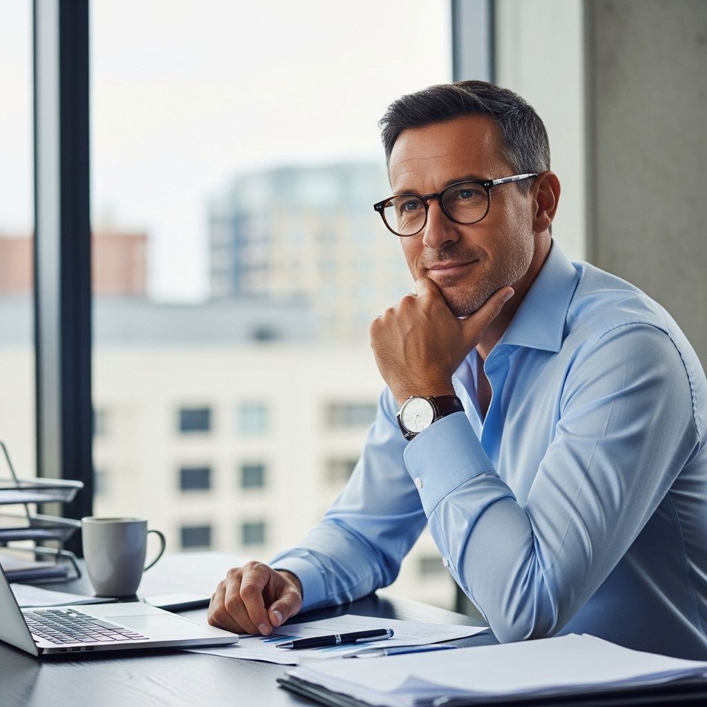 Mann Mitte 40 mit Brille, nachdenklich aber zufrieden, Büroumgebung